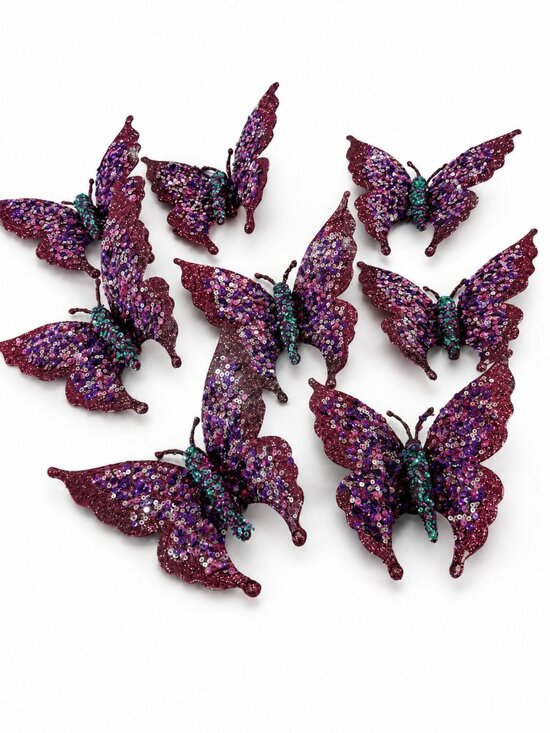 Other - Set of 7 Purple Glitter Butterfly Clip-On Christmas Tree Ornaments 6" Holiday